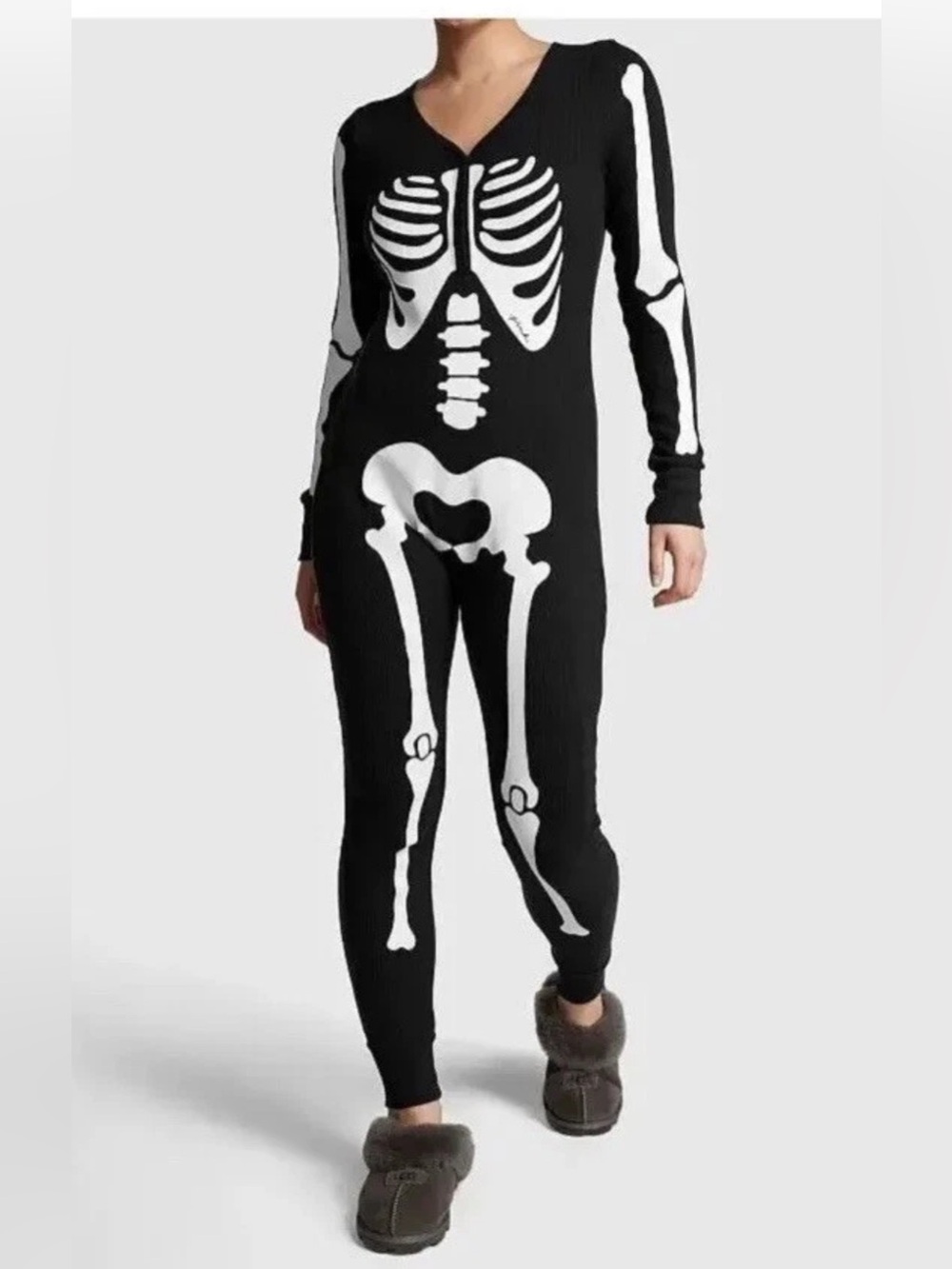 Victoria's Secret PINK Thermal Sleep One Piece Pajama Halloween Skeleton Small